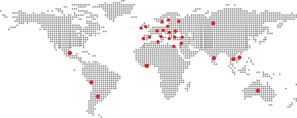 Mappa del mondo in cui sono evidenziati, tramite un punto rosso, tutti gli stati in cui l'azienda Alchem esporta i propri prodotti